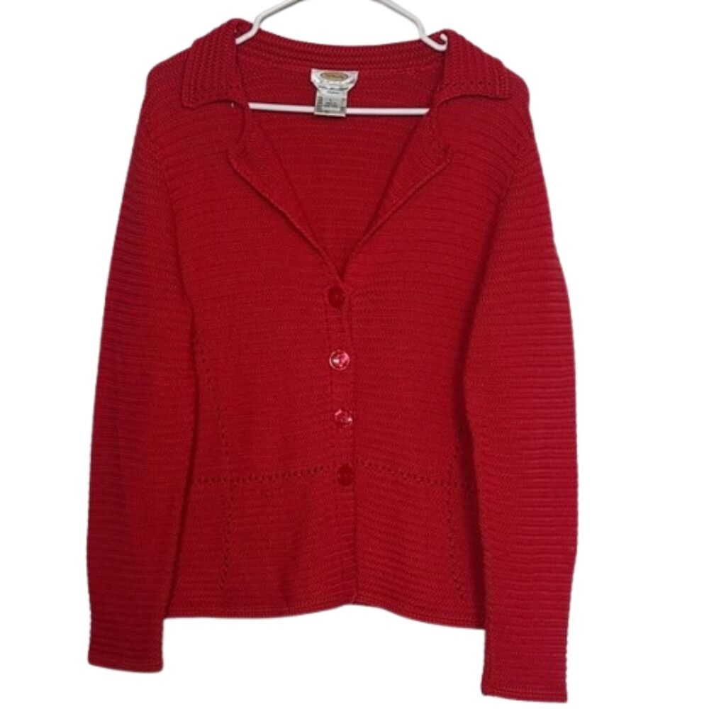 Vintage Talbots Chunky Knit Cardigan Sweater Womens Large Petite Button Up Red
